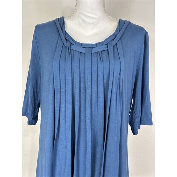 Soft Surroundings Blue Woven Lattice Neck Pleated Front Short Sleeve Size Large - Picture 8 of 10